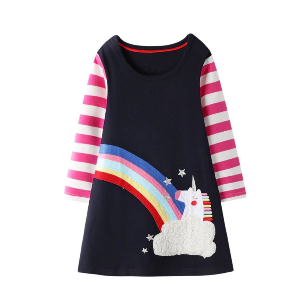 Rainbow Unicorn Blue Long Sleeve Girls Dress